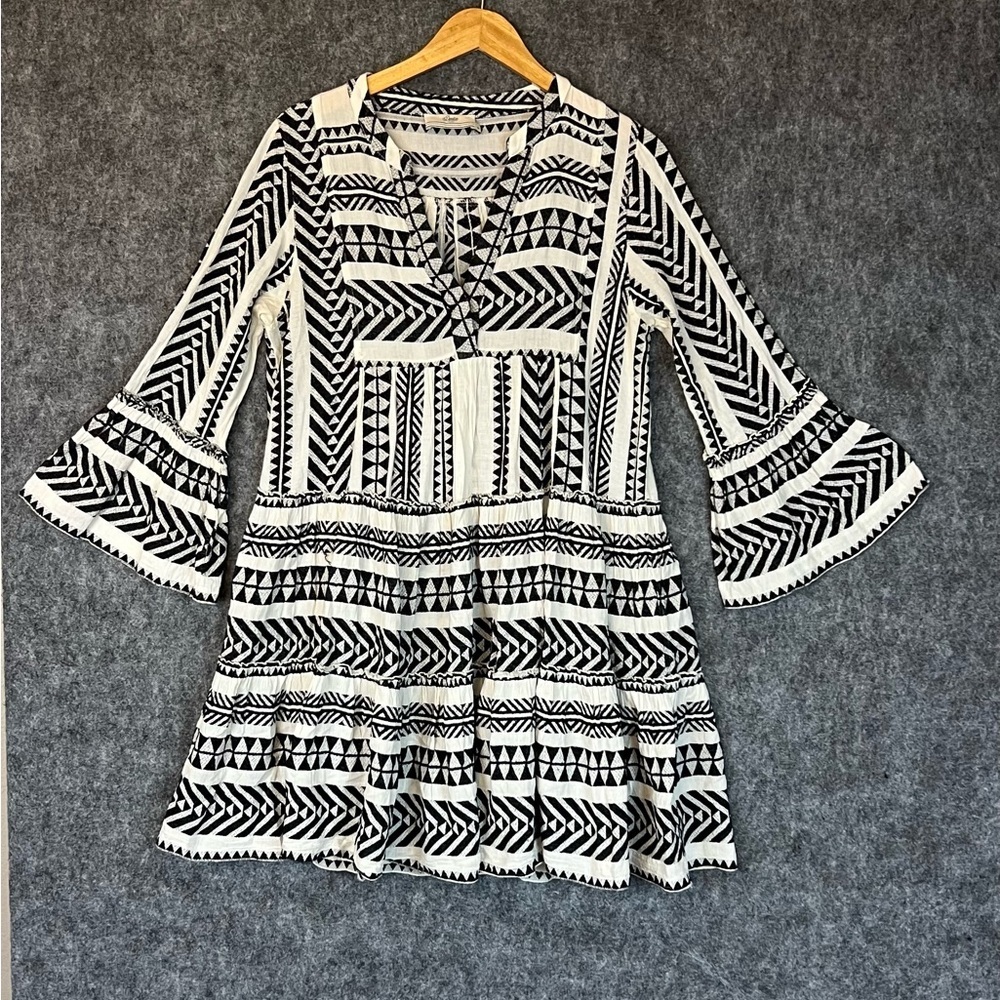 Devotion Twins Ella Embroidered Dress Size S Black and off-white Graphic Print